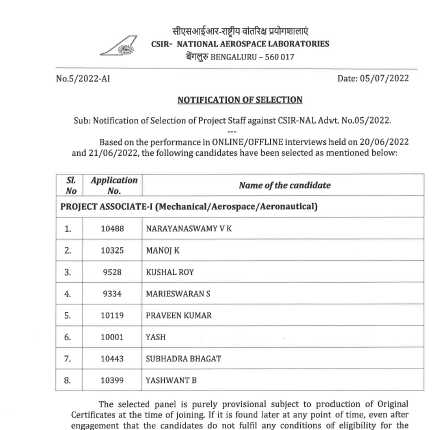 Notification Of Selection Of Project Staff Against CSIR-NAL Advt. No.05 ...